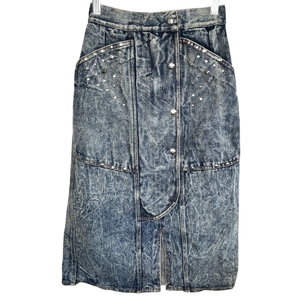 VTG Y2k Acid Wash Denim Skirt 24 Rock Grunge Midi 80s Stud Festival High Waist‎